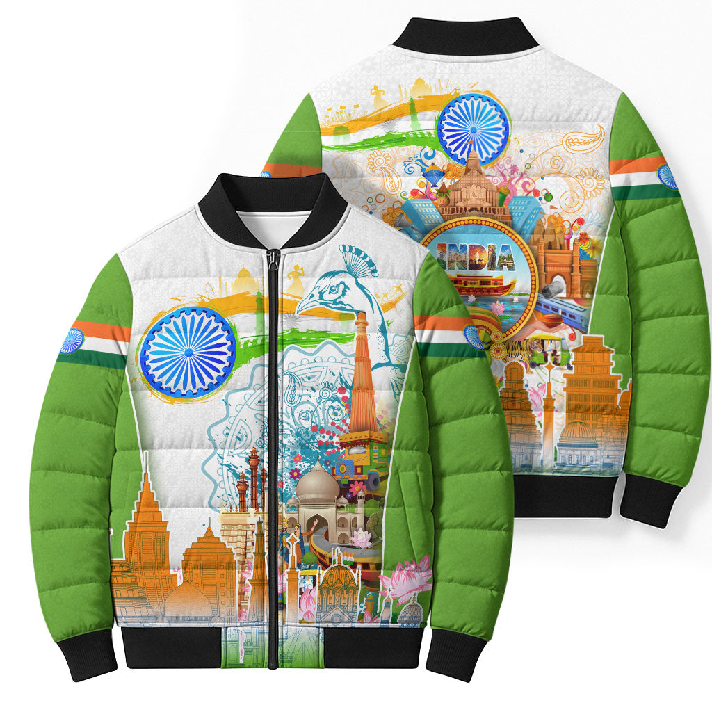 India Independence Day Bomber Puffer Jacket Indian Landmark Peacock Mandala Cultural Heritage
