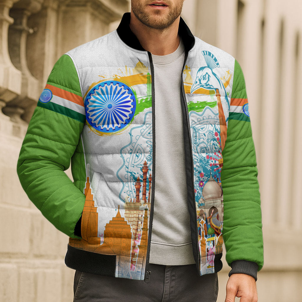 India Independence Day Bomber Puffer Jacket Indian Landmark Peacock Mandala Cultural Heritage