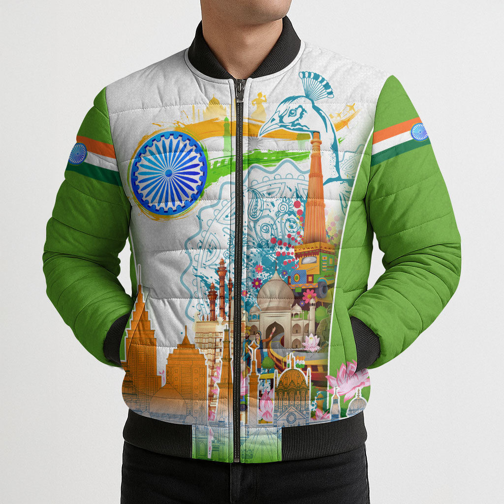 India Independence Day Bomber Puffer Jacket Indian Landmark Peacock Mandala Cultural Heritage