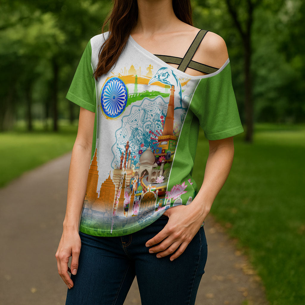 India Independence Day Cross Shoulder Shirt Indian Landmark Peacock Mandala Cultural Heritage