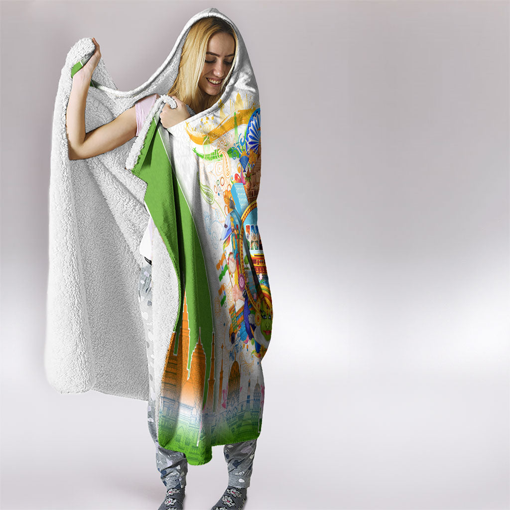 India Independence Day Hooded Blanket Indian Landmark Peacock Mandala Cultural Heritage