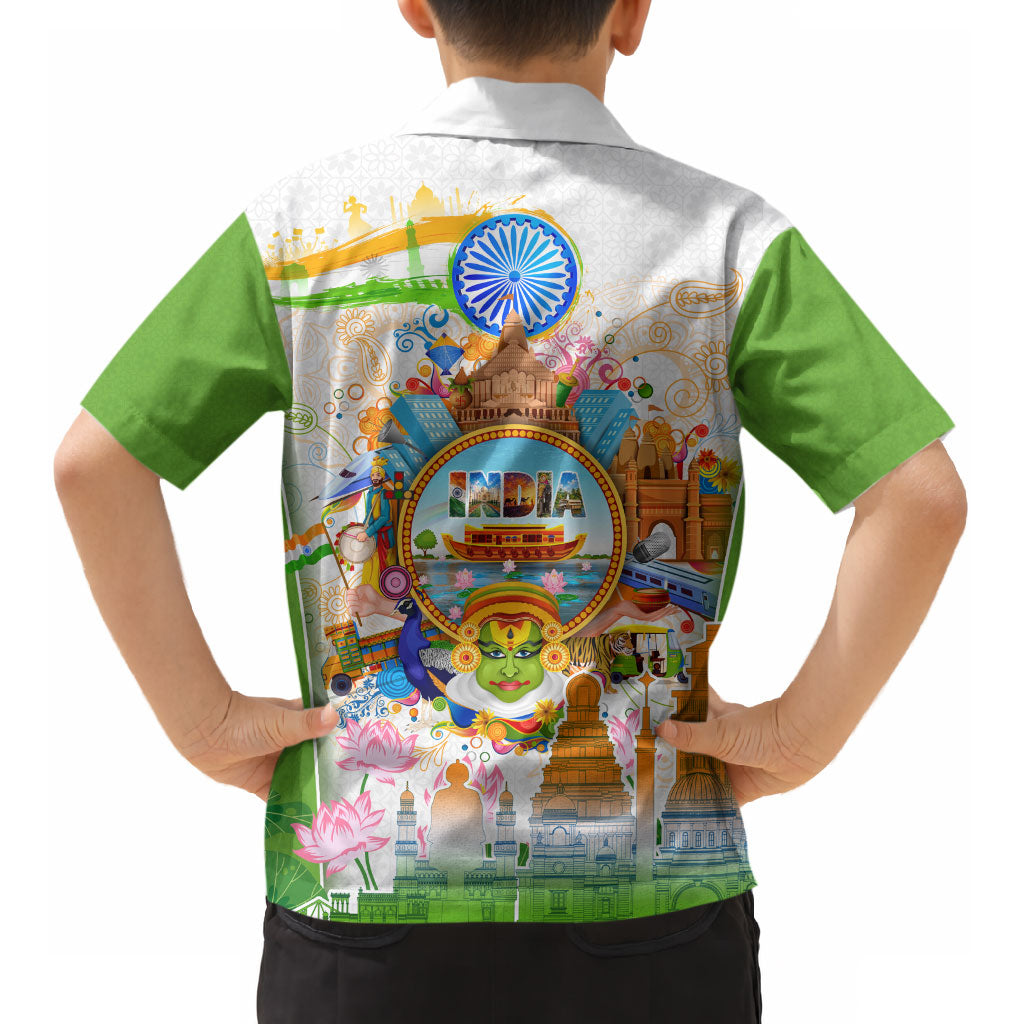 India Independence Day Kid Hawaiian Shirt Indian Landmark Peacock Mandala Cultural Heritage