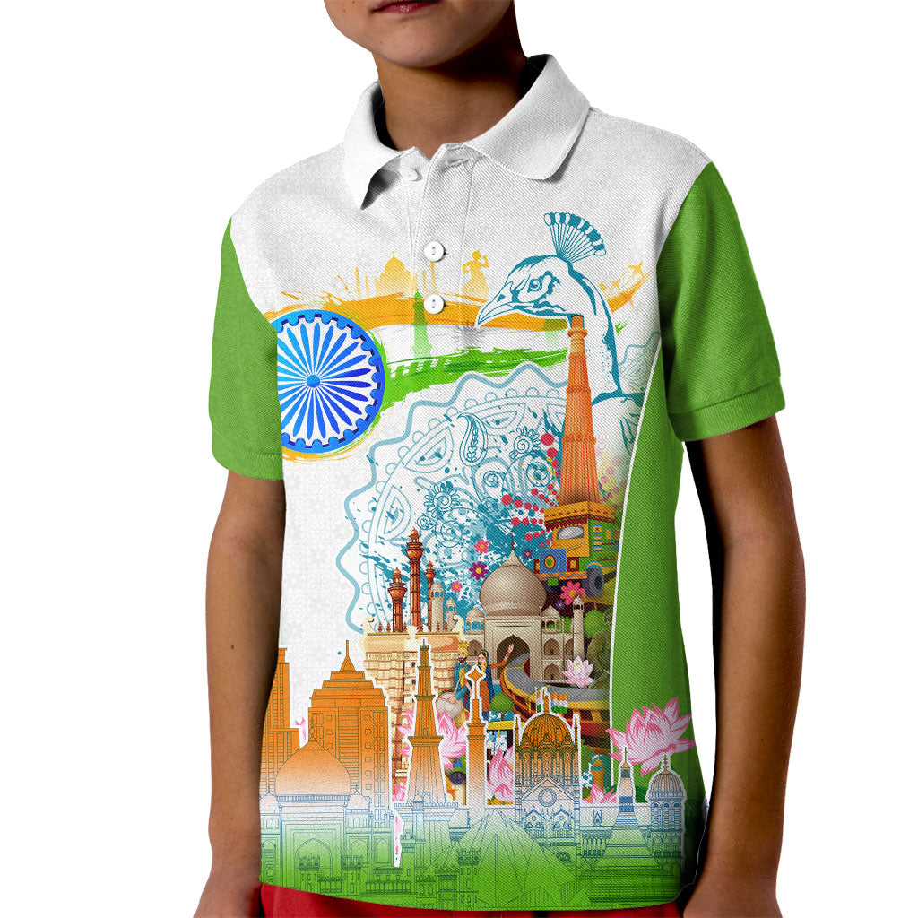 India Independence Day Kid Polo Shirt Indian Landmark Peacock Mandala Cultural Heritage