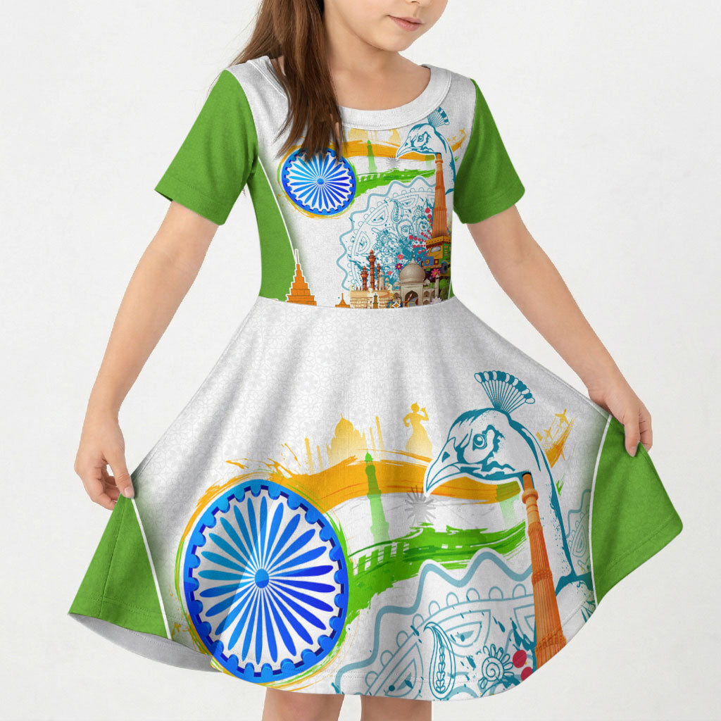 India Independence Day Kid Short Sleeve Dress Indian Landmark Peacock Mandala Cultural Heritage