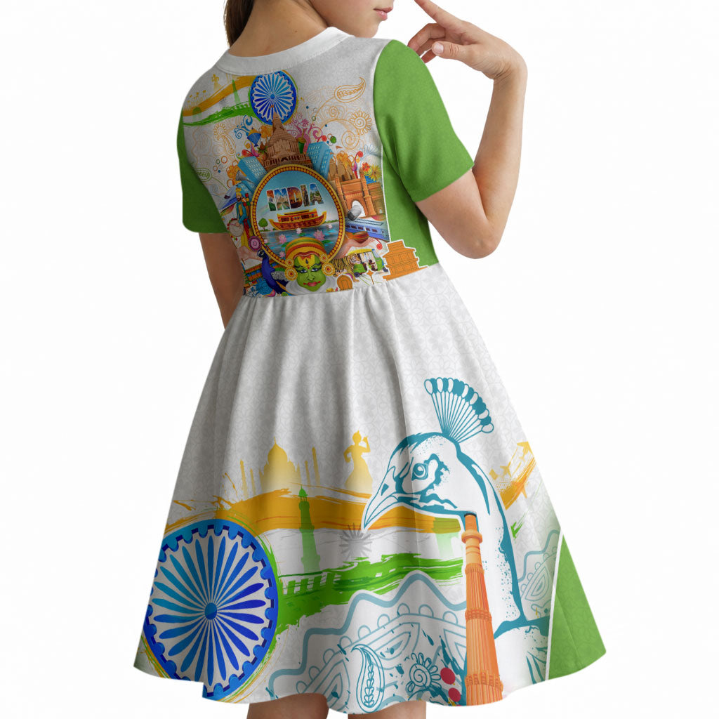 India Independence Day Kid Short Sleeve Dress Indian Landmark Peacock Mandala Cultural Heritage