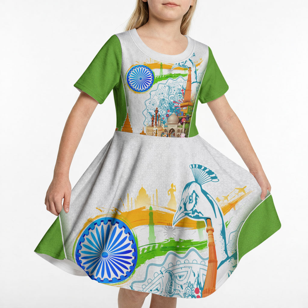 India Independence Day Kid Short Sleeve Dress Indian Landmark Peacock Mandala Cultural Heritage