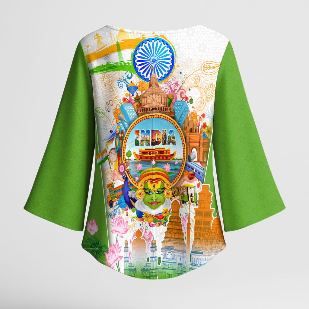 India Independence Day Kimono Sleeve Blouse Indian Landmark Peacock Mandala Cultural Heritage