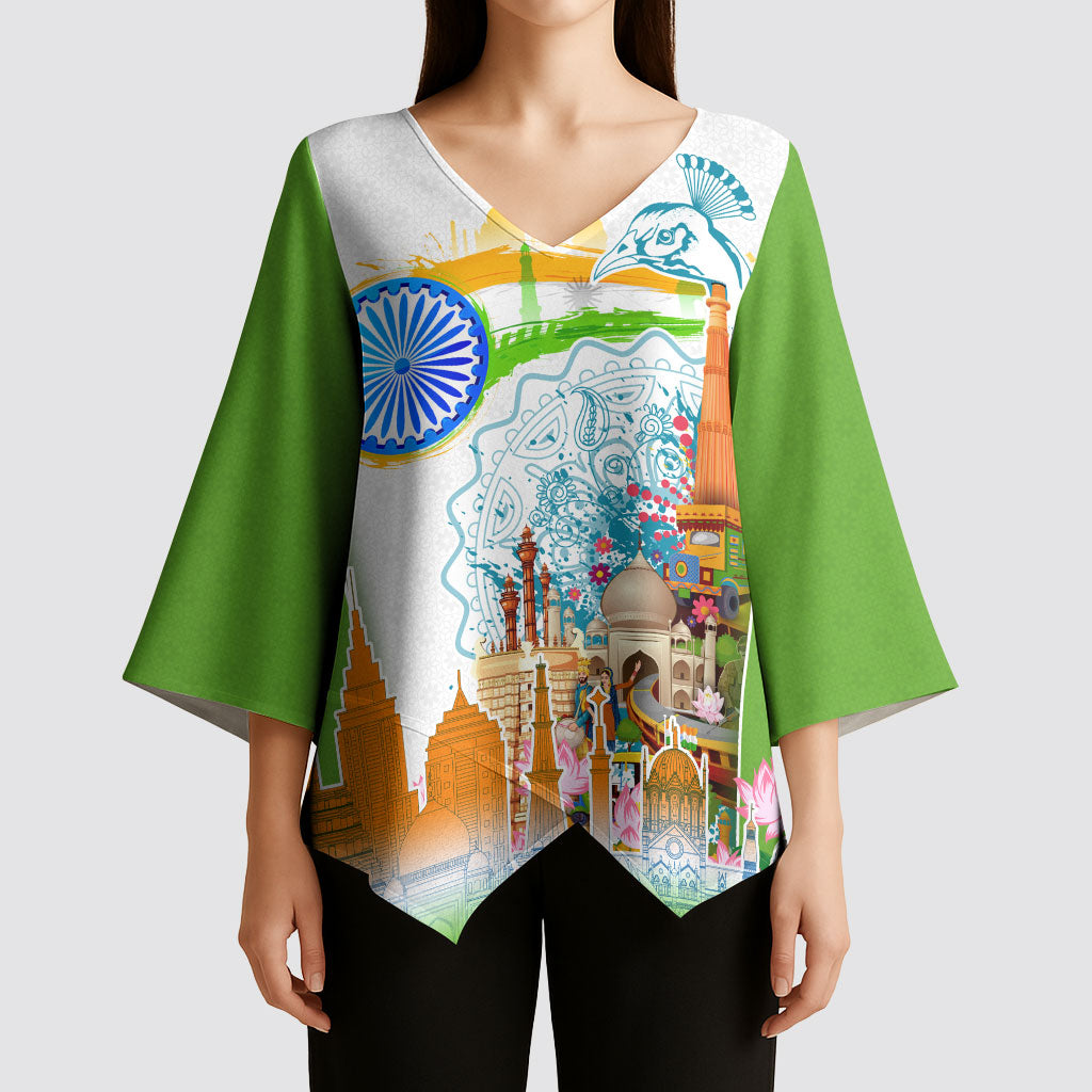 India Independence Day Kimono Sleeve Blouse Indian Landmark Peacock Mandala Cultural Heritage