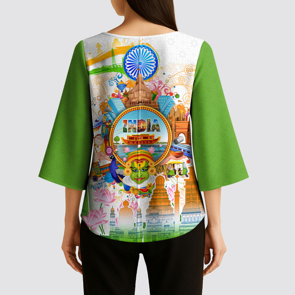 India Independence Day Kimono Sleeve Blouse Indian Landmark Peacock Mandala Cultural Heritage