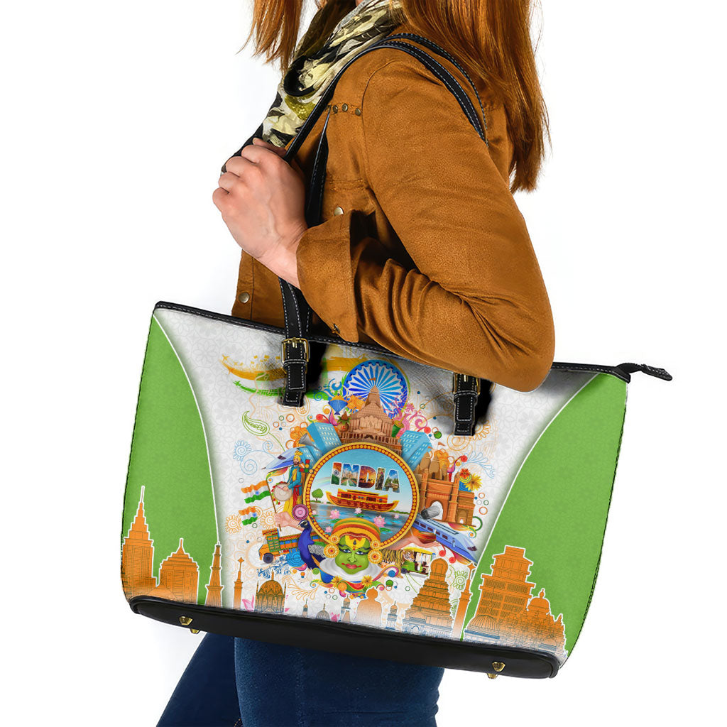 India Independence Day Leather Tote Bag Indian Landmark Peacock Mandala Cultural Heritage