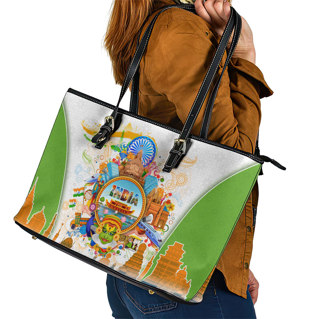 India Independence Day Leather Tote Bag Indian Landmark Peacock Mandala Cultural Heritage