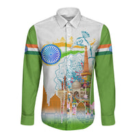 India Independence Day Long Sleeve Button Shirt Indian Landmark Peacock Mandala Cultural Heritage