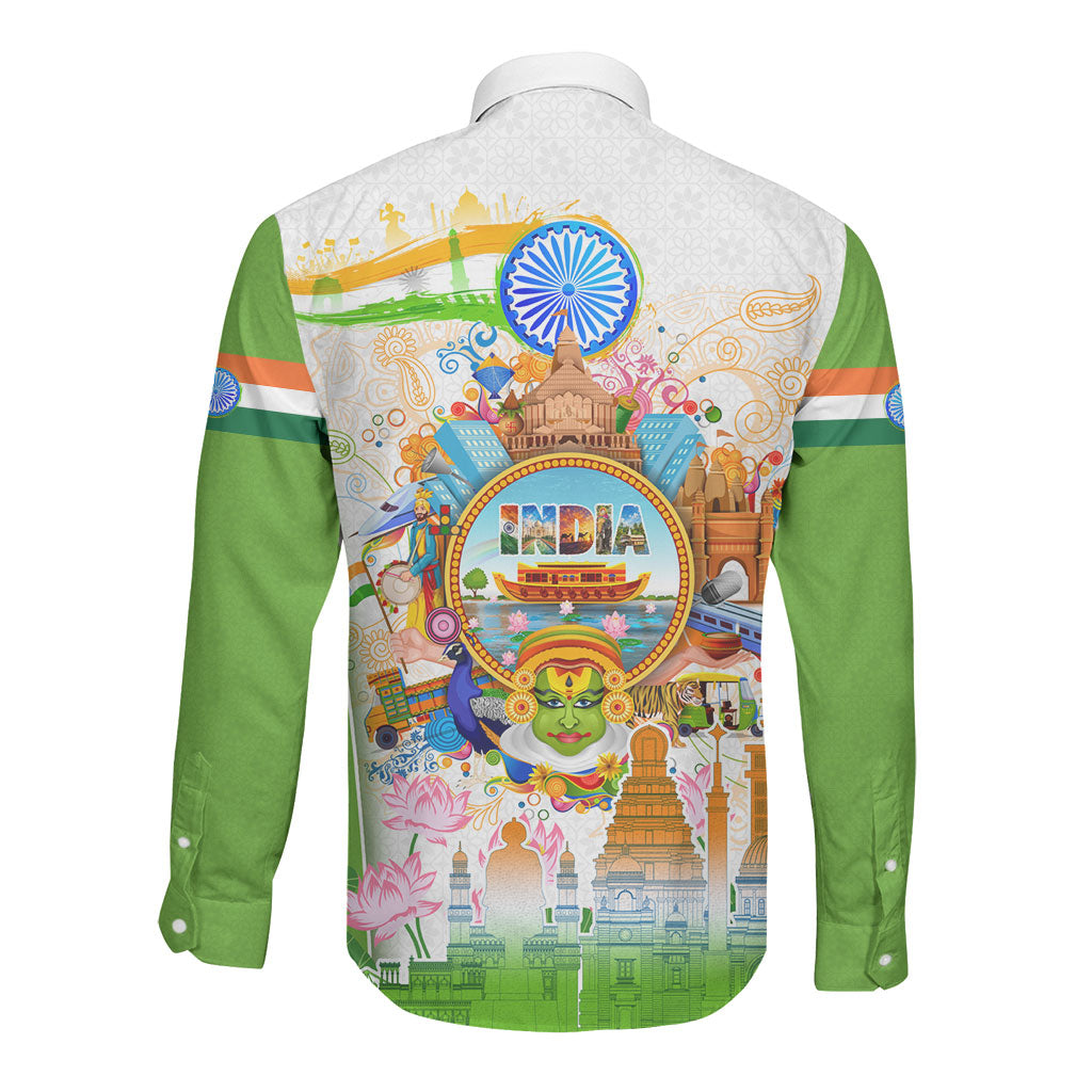 India Independence Day Long Sleeve Button Shirt Indian Landmark Peacock Mandala Cultural Heritage
