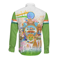 India Independence Day Long Sleeve Button Shirt Indian Landmark Peacock Mandala Cultural Heritage