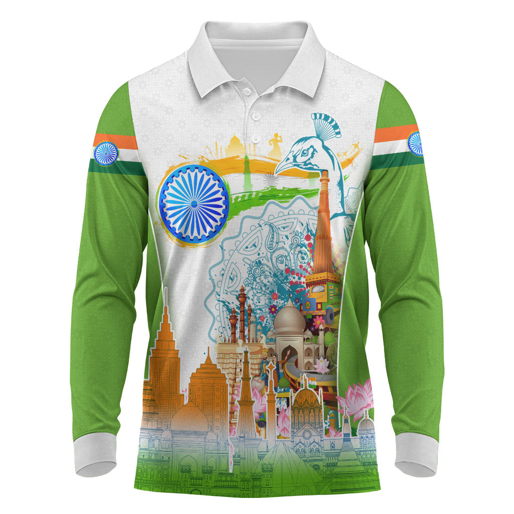 India Independence Day Long Sleeve Polo Shirt Indian Landmark Peacock Mandala Cultural Heritage