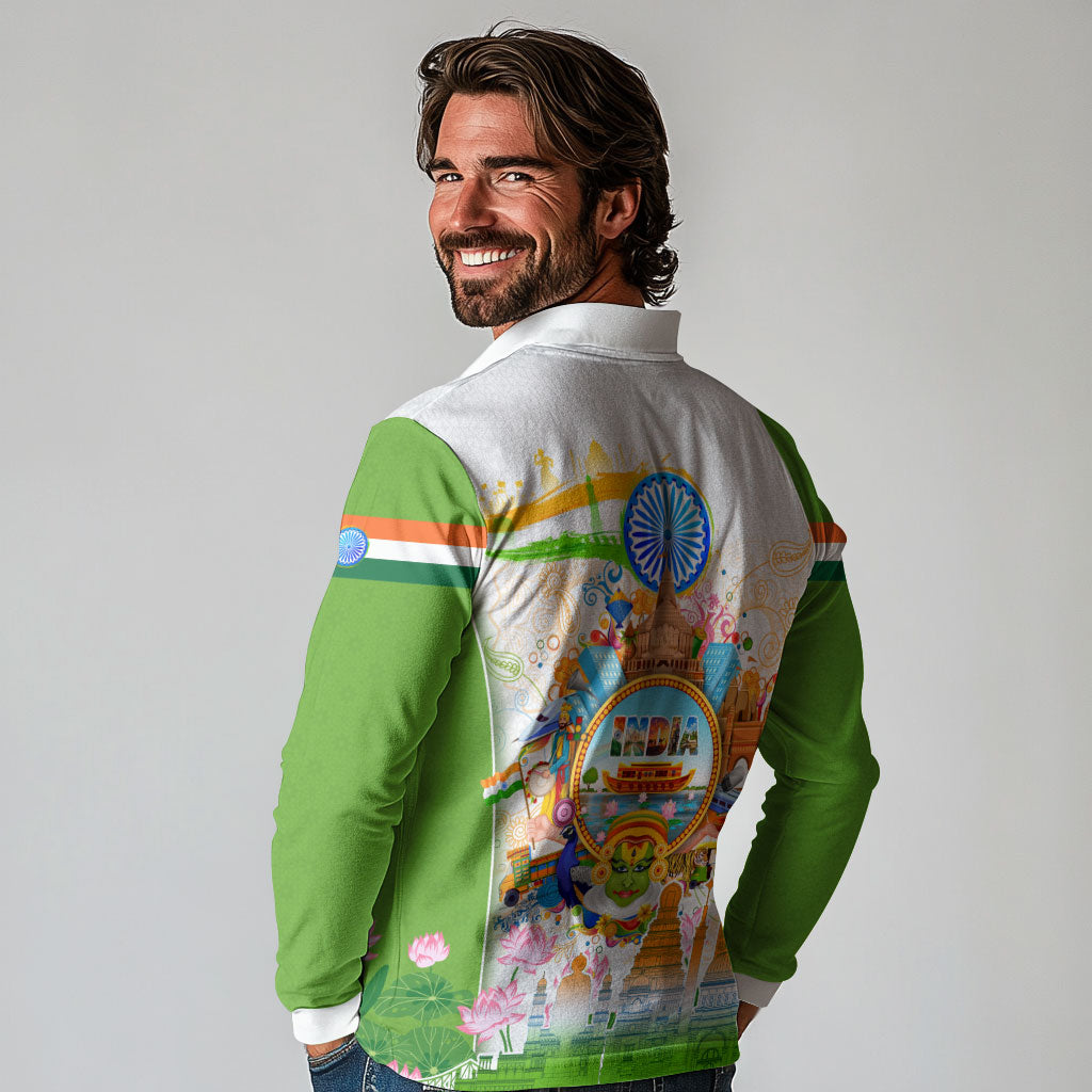 India Independence Day Long Sleeve Polo Shirt Indian Landmark Peacock Mandala Cultural Heritage