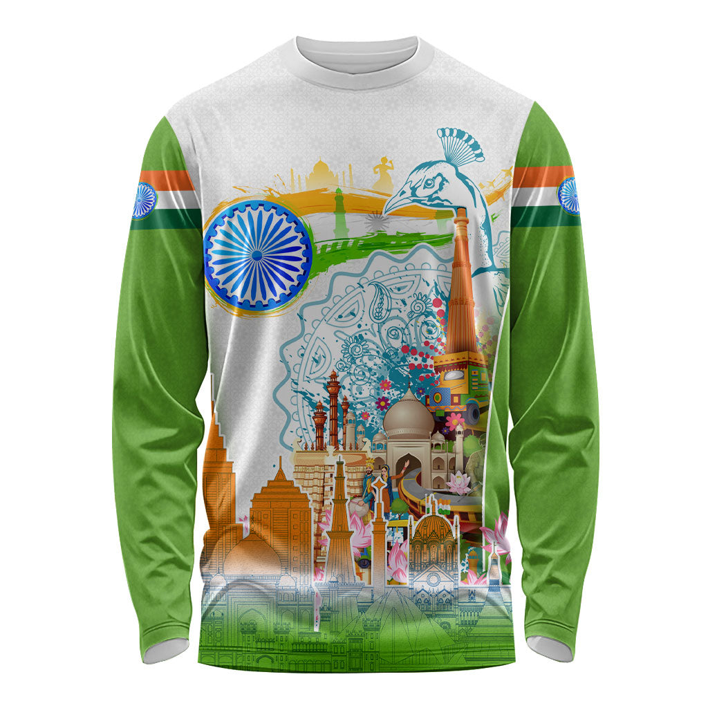 India Independence Day Long Sleeve Shirt Indian Landmark Peacock Mandala Cultural Heritage