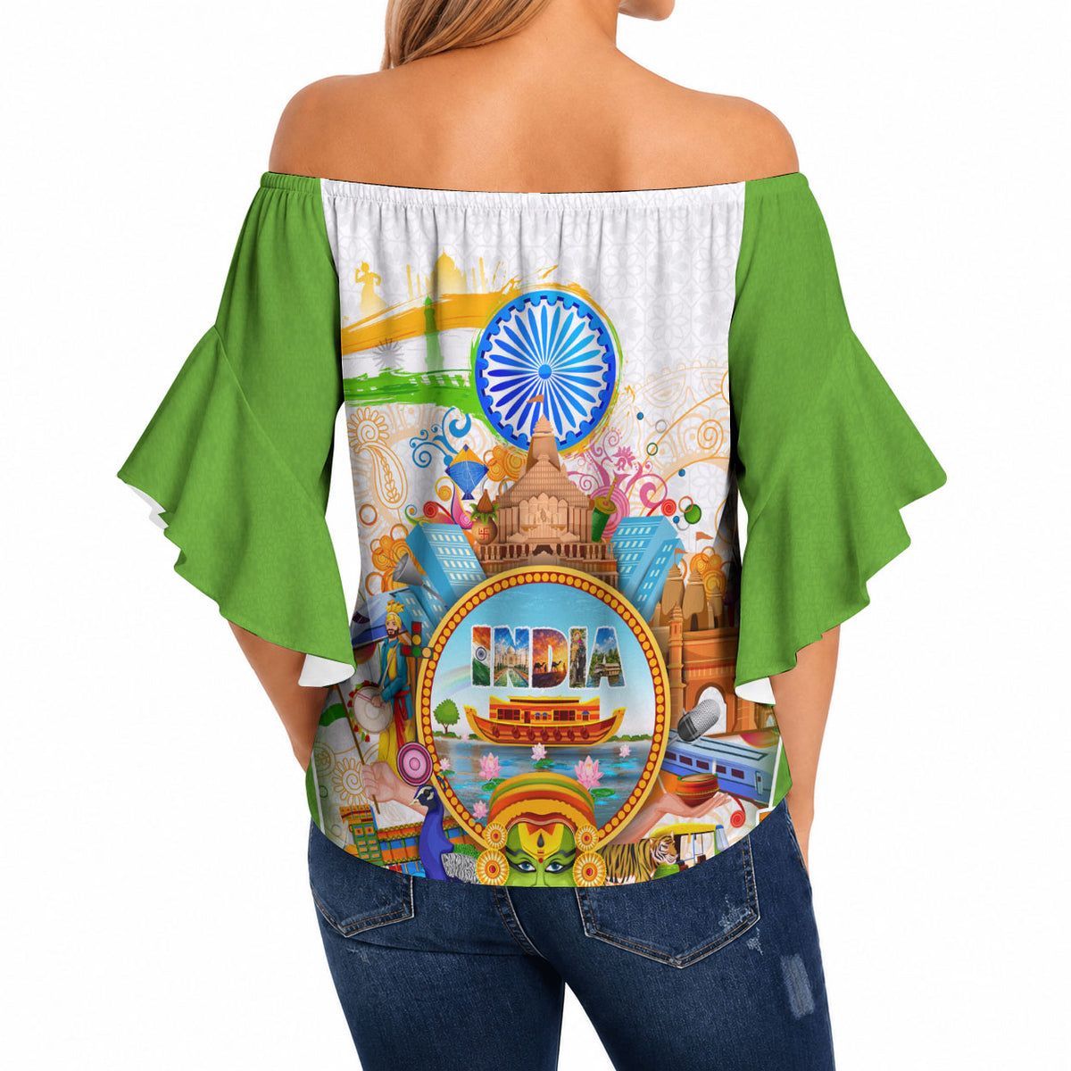 India Independence Day Off Shoulder Wrap Waist Top Indian Landmark Peacock Mandala Cultural Heritage
