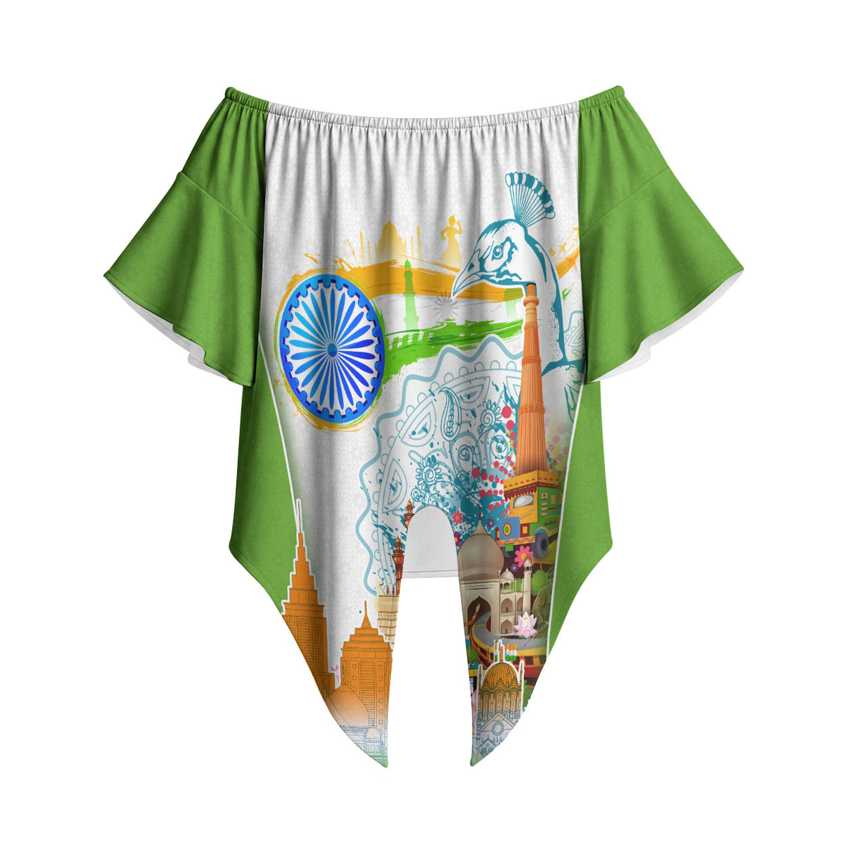 India Independence Day Off Shoulder Wrap Waist Top Indian Landmark Peacock Mandala Cultural Heritage
