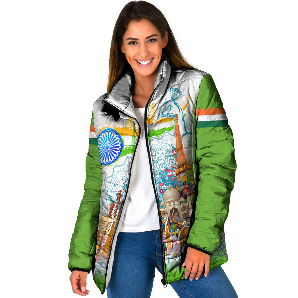 India Independence Day Padded Jacket Indian Landmark Peacock Mandala Cultural Heritage