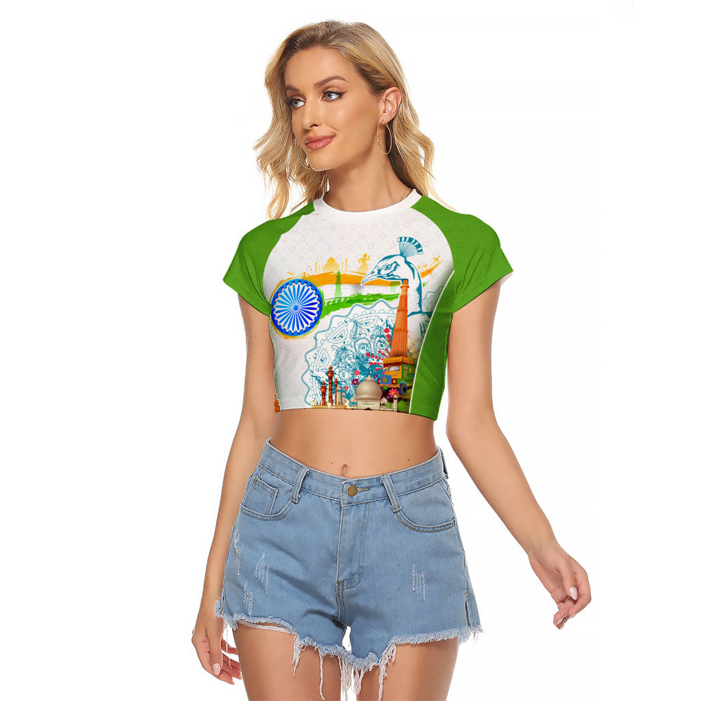 India Independence Day Raglan Cropped T Shirt Indian Landmark Peacock Mandala Cultural Heritage