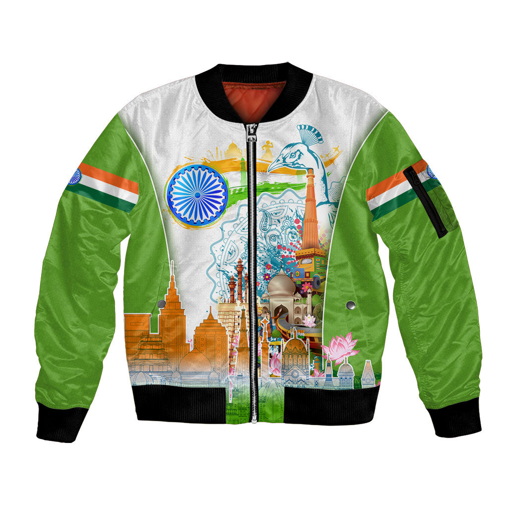 India Independence Day Sleeve Zip Bomber Jacket Indian Landmark Peacock Mandala Cultural Heritage