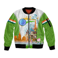 India Independence Day Sleeve Zip Bomber Jacket Indian Landmark Peacock Mandala Cultural Heritage