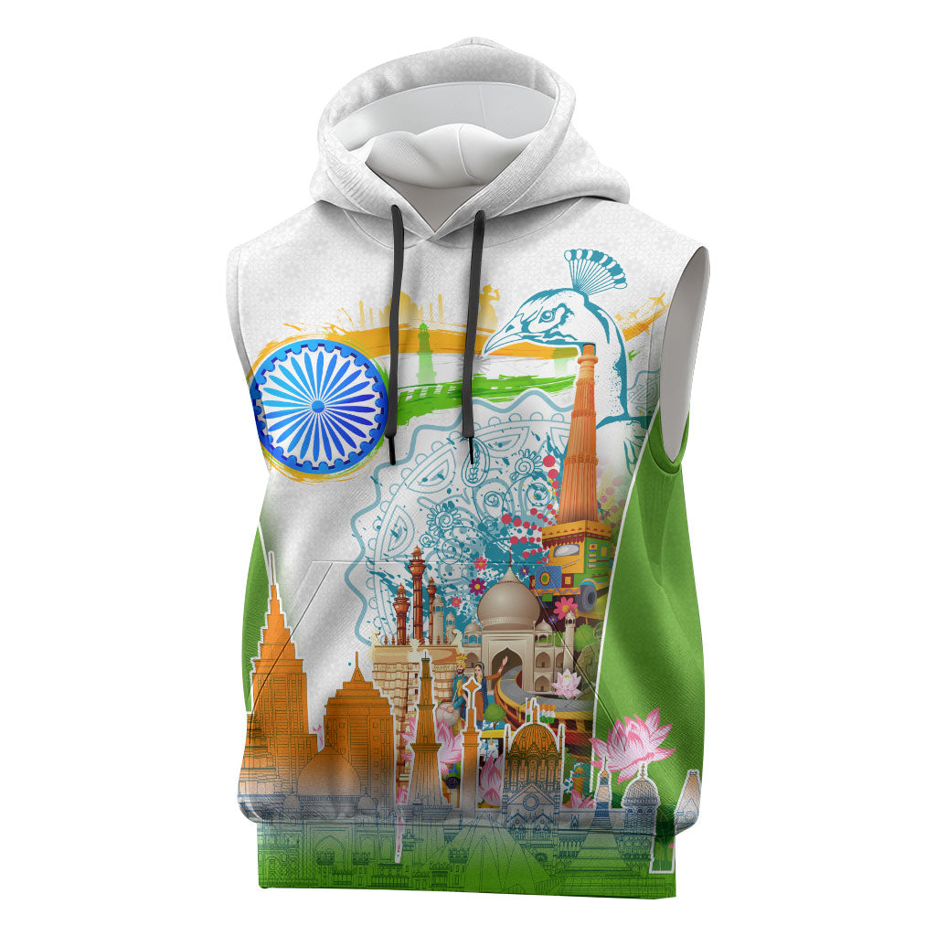 India Independence Day Sleeveless Hoodie Indian Landmark Peacock Mandala Cultural Heritage