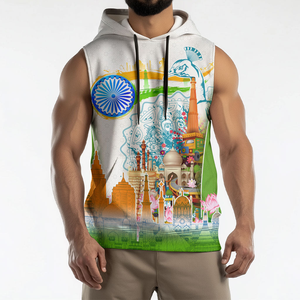India Independence Day Sleeveless Hoodie Indian Landmark Peacock Mandala Cultural Heritage