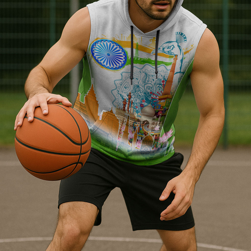 India Independence Day Sleeveless Hoodie Indian Landmark Peacock Mandala Cultural Heritage