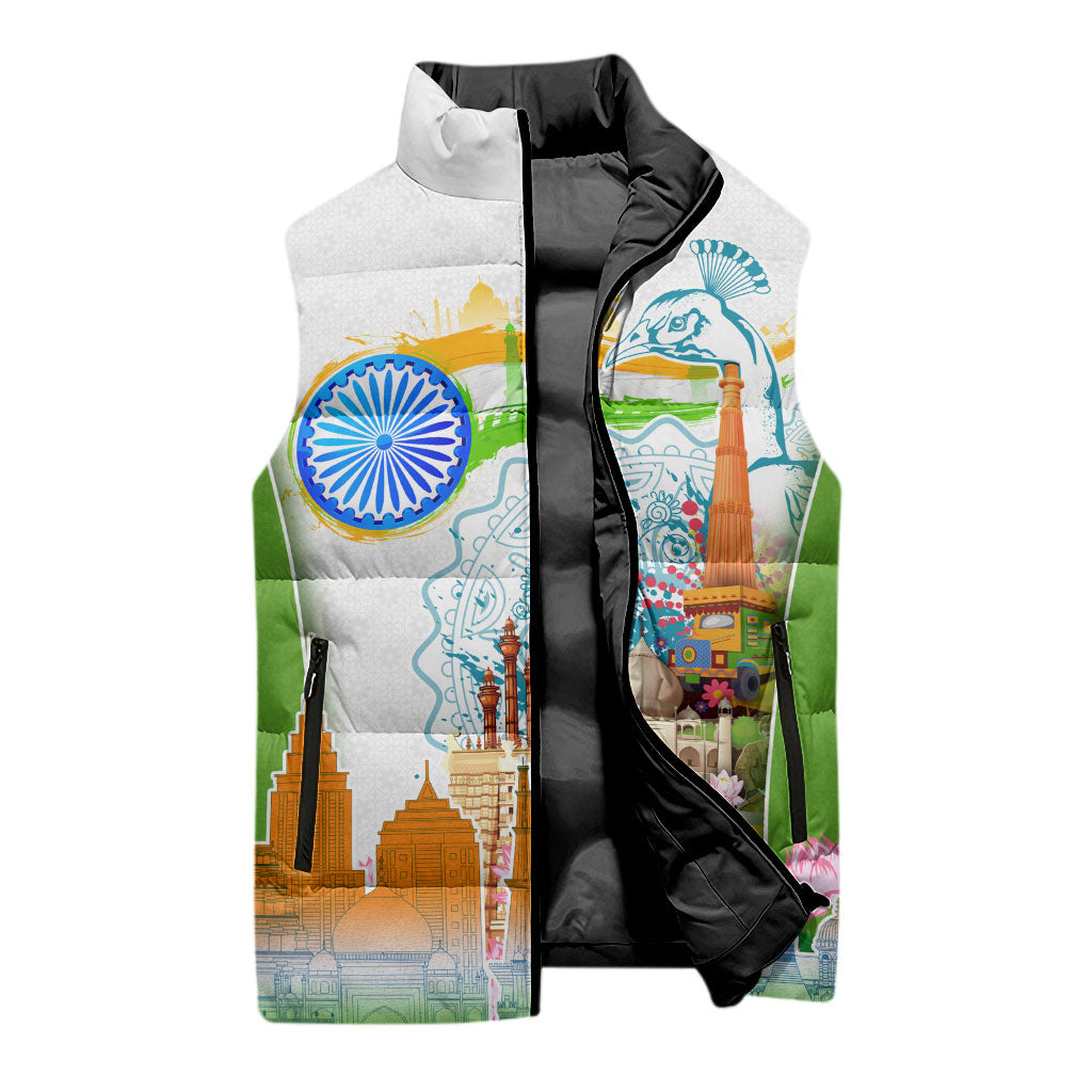 India Independence Day Sleeveless Puffer Jacket Indian Landmark Peacock Mandala Cultural Heritage