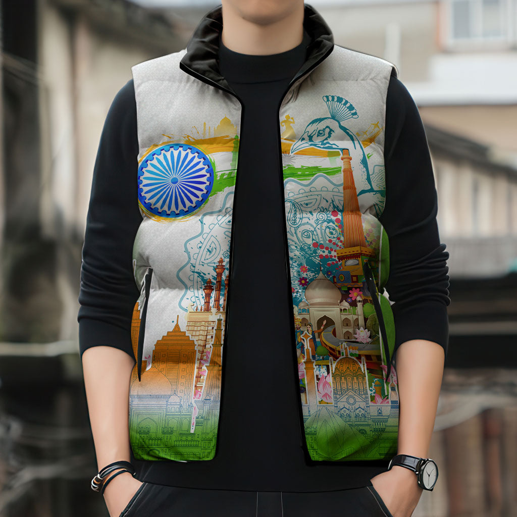 India Independence Day Sleeveless Puffer Jacket Indian Landmark Peacock Mandala Cultural Heritage