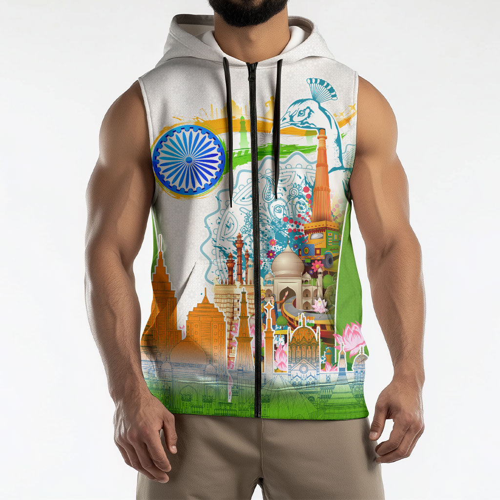 India Independence Day Sleeveless Zip Hoodie Indian Landmark Peacock Mandala Cultural Heritage