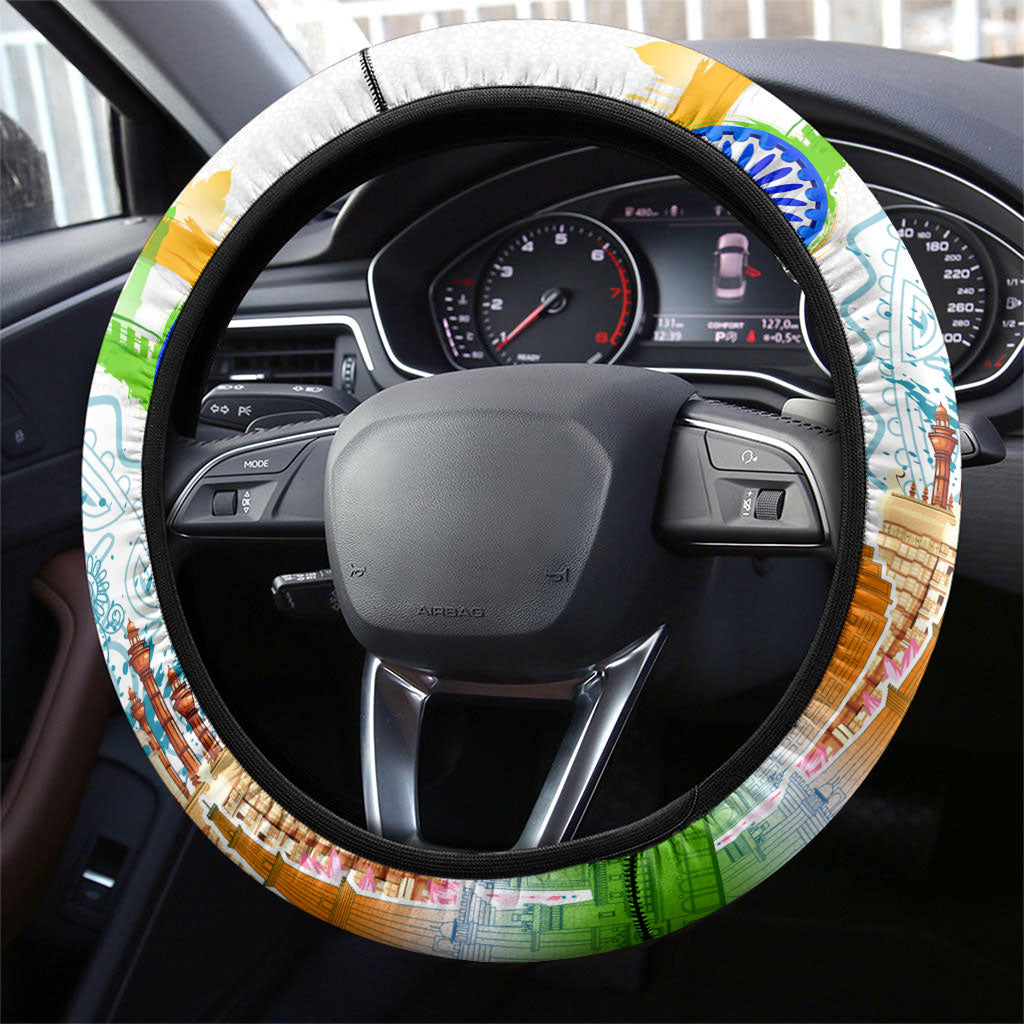 India Independence Day Steering Wheel Cover Indian Landmark Peacock Mandala Cultural Heritage