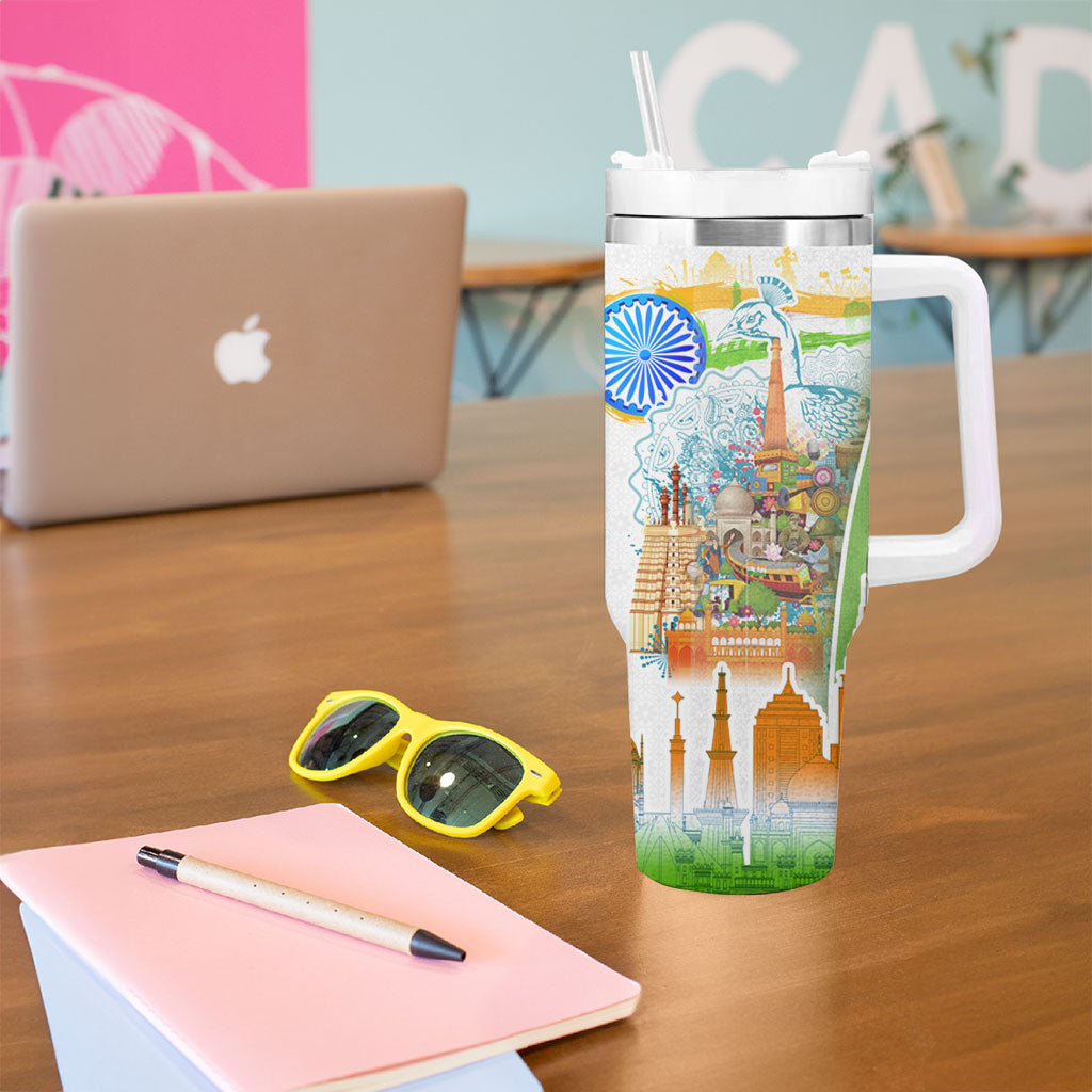 India Independence Day Tumbler With Handle Indian Landmark Peacock Mandala Cultural Heritage