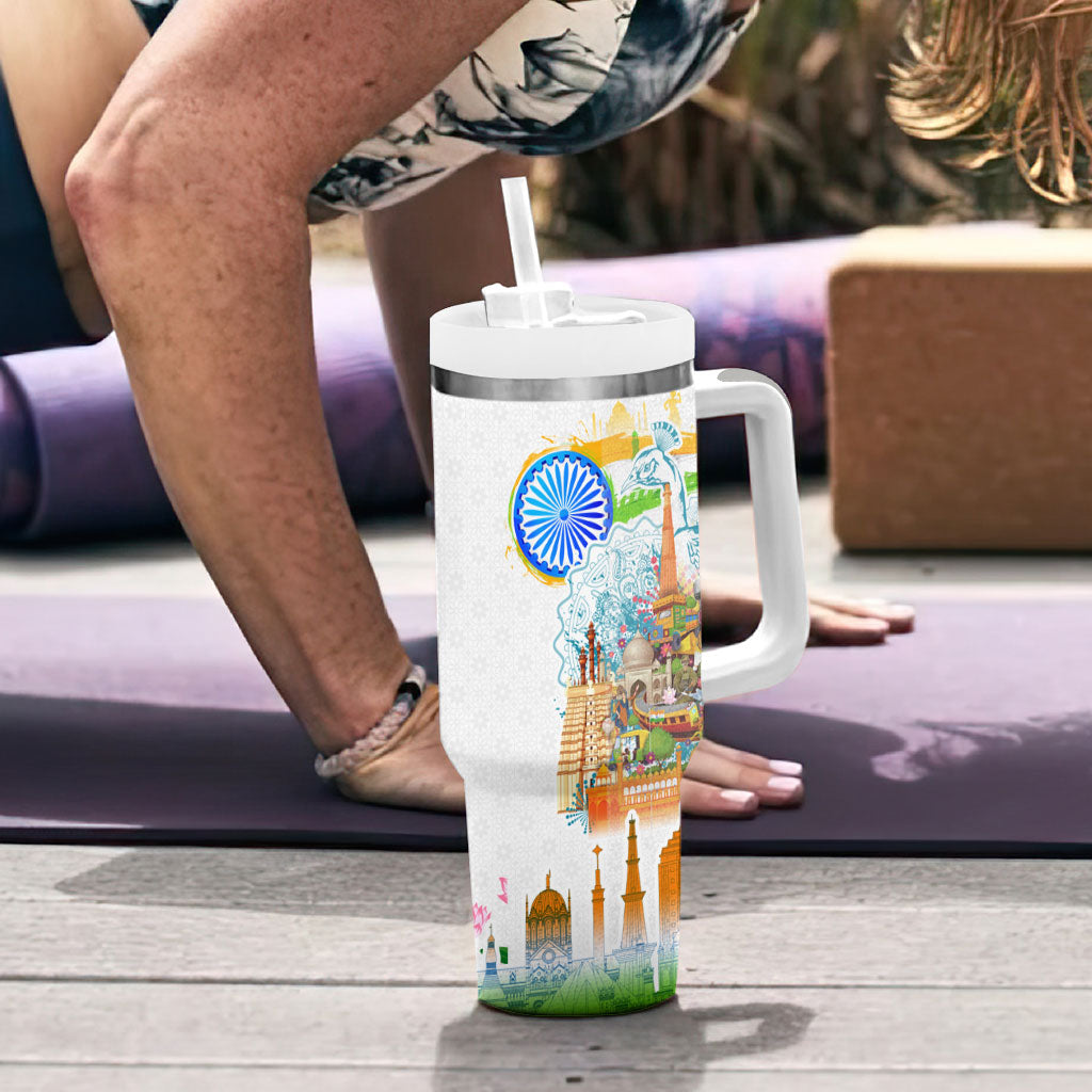 India Independence Day Tumbler With Handle Indian Landmark Peacock Mandala Cultural Heritage