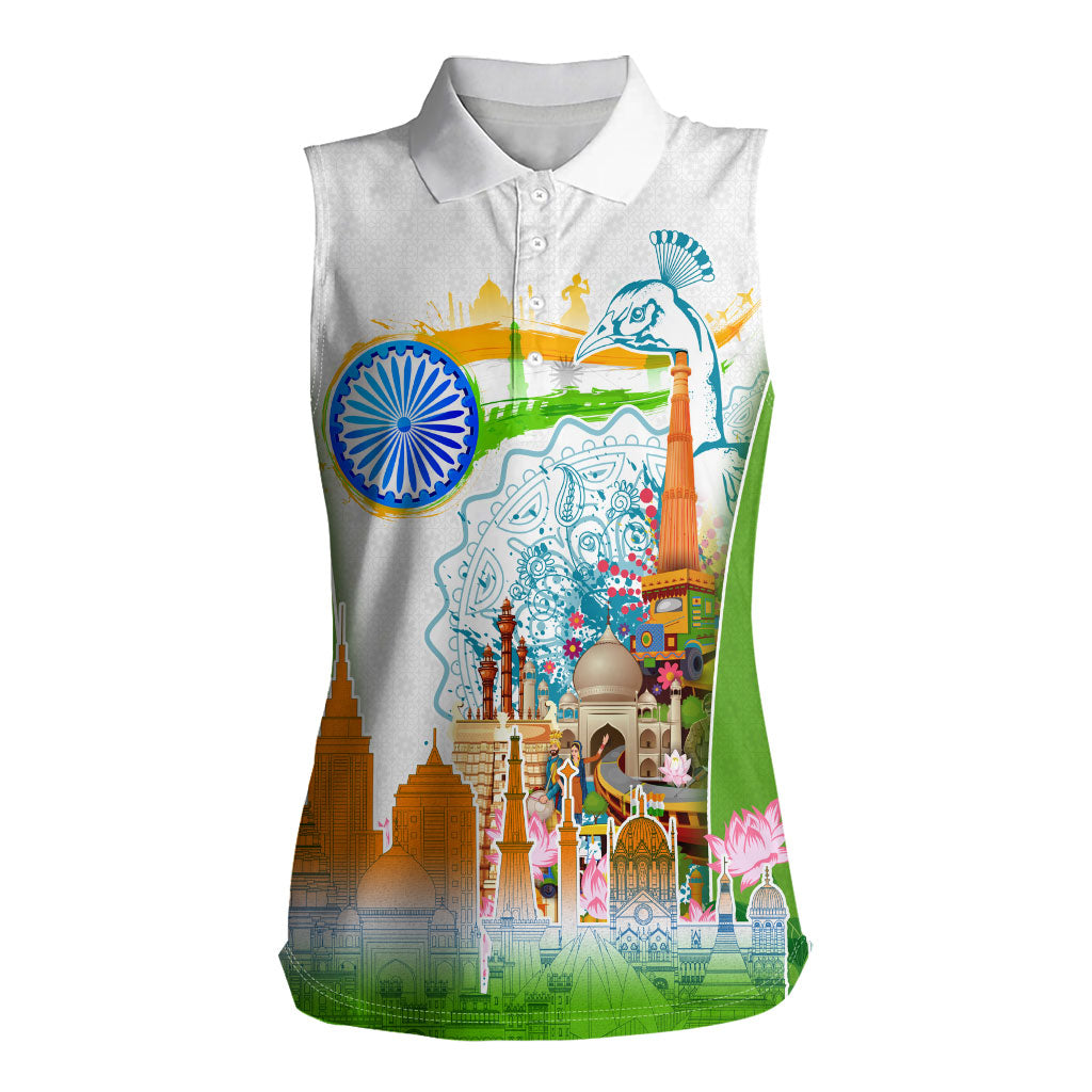 India Independence Day Women Sleeveless Polo Shirt Indian Landmark Peacock Mandala Cultural Heritage