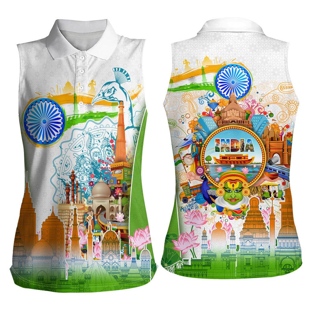India Independence Day Women Sleeveless Polo Shirt Indian Landmark Peacock Mandala Cultural Heritage