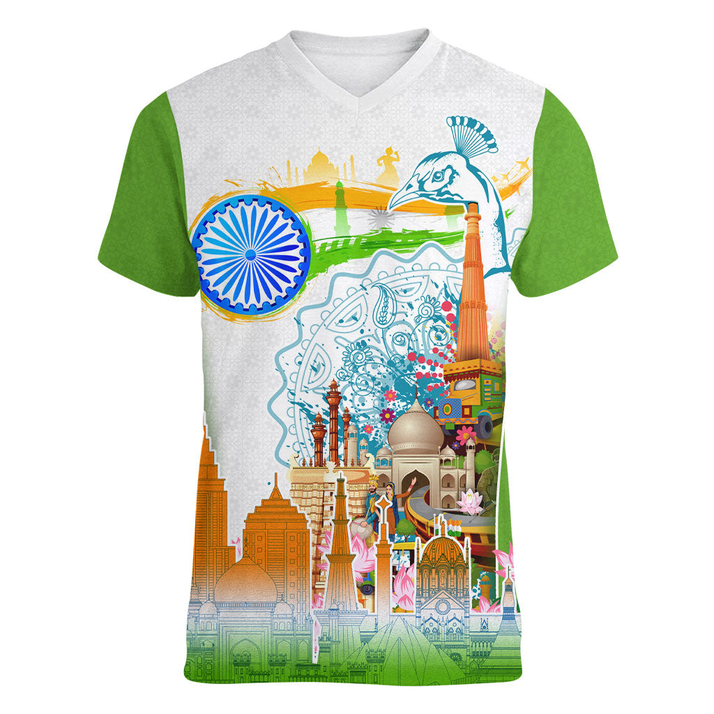 India Independence Day Women V-Neck T-Shirt Indian Landmark Peacock Mandala Cultural Heritage