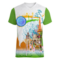 India Independence Day Women V-Neck T-Shirt Indian Landmark Peacock Mandala Cultural Heritage