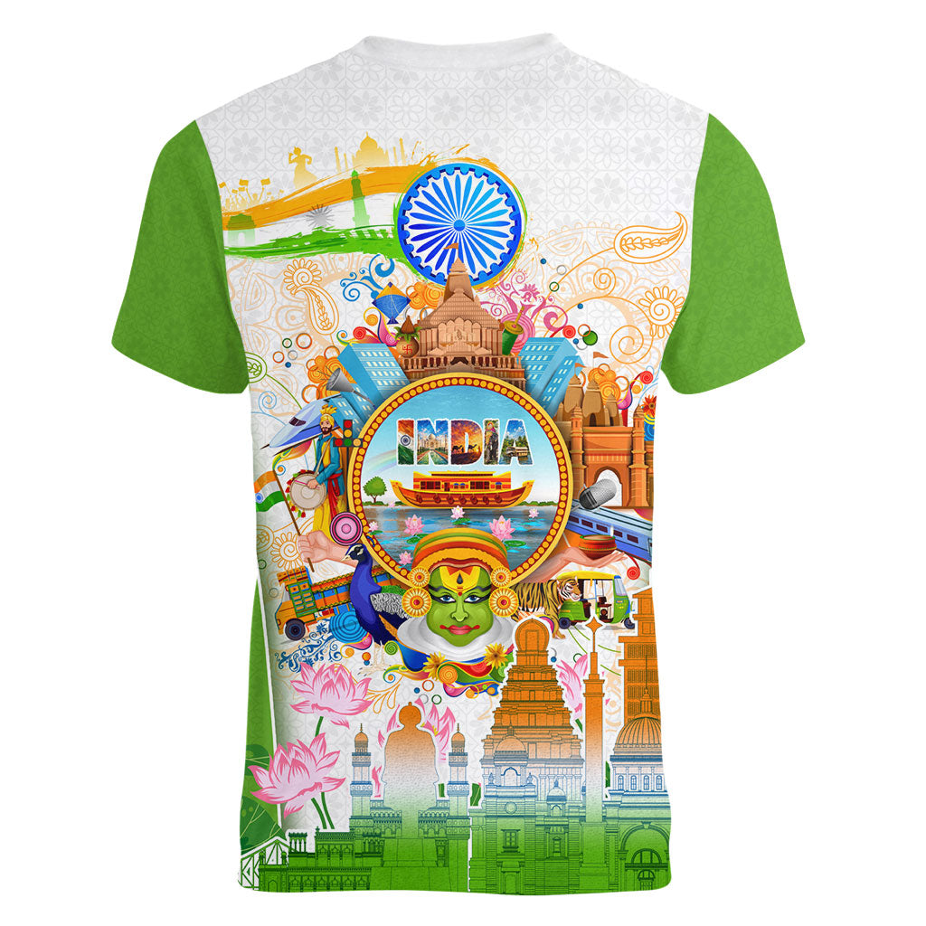 India Independence Day Women V-Neck T-Shirt Indian Landmark Peacock Mandala Cultural Heritage