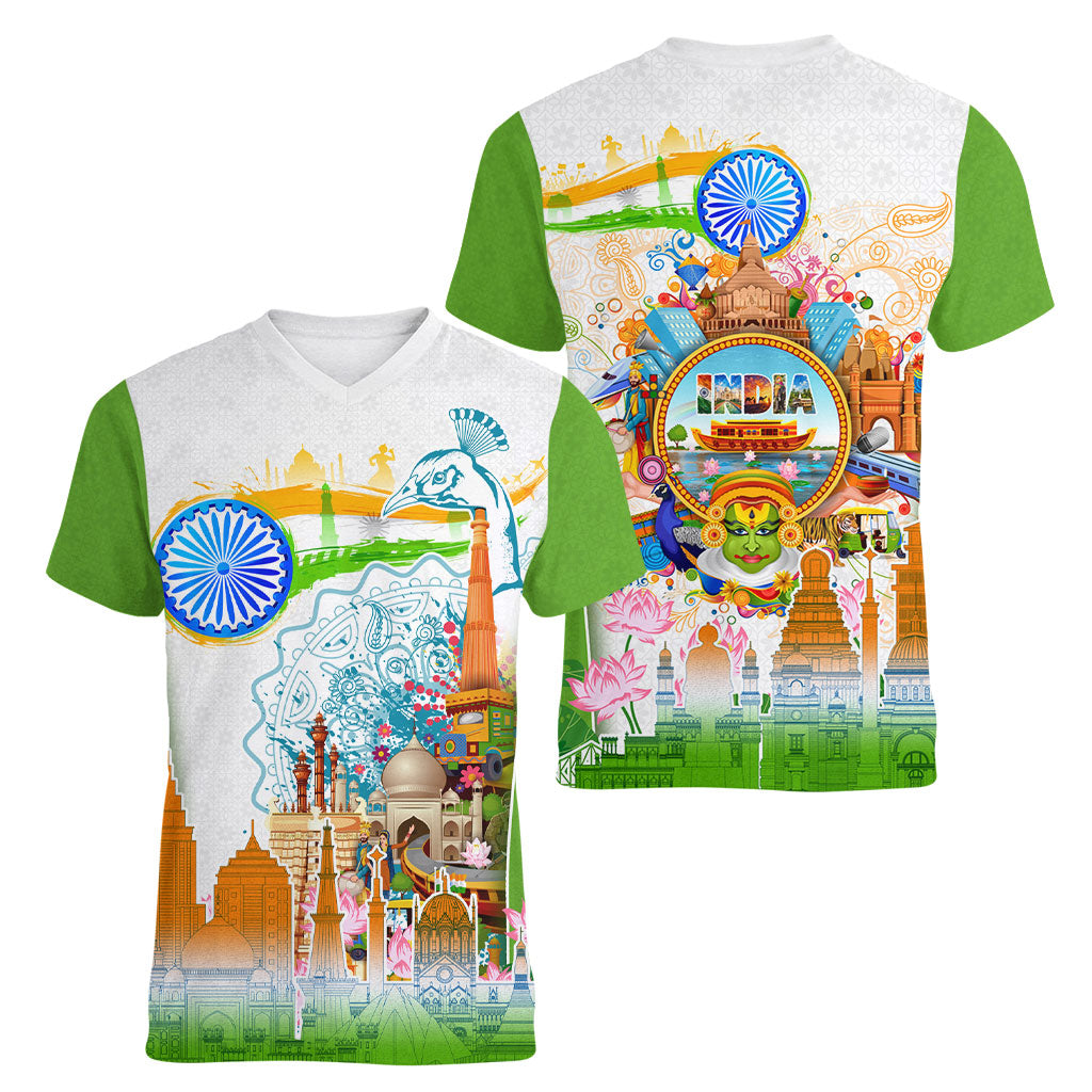 India Independence Day Women V-Neck T-Shirt Indian Landmark Peacock Mandala Cultural Heritage