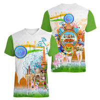 India Independence Day Women V-Neck T-Shirt Indian Landmark Peacock Mandala Cultural Heritage