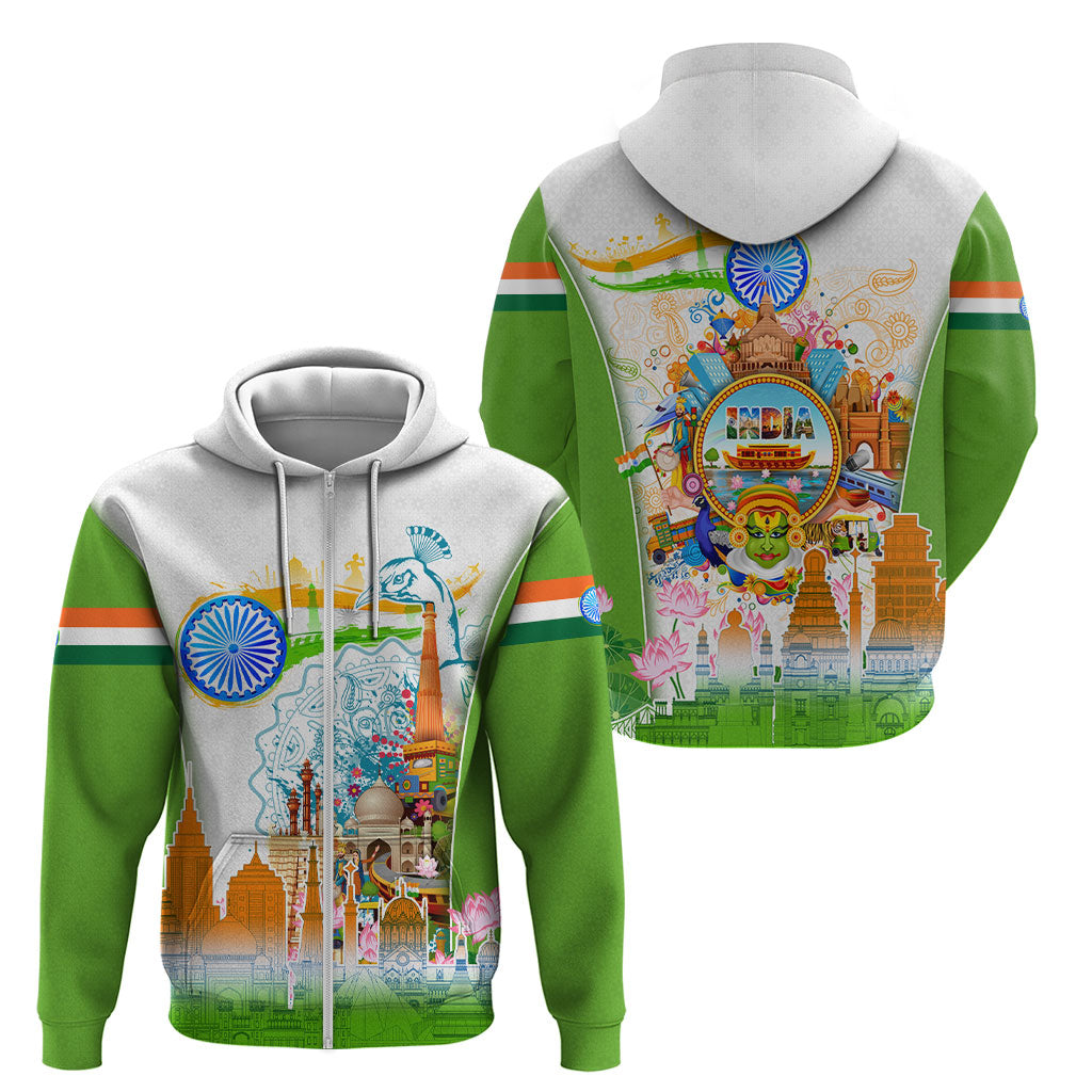 India Independence Day Zip Hoodie Indian Landmark Peacock Mandala Cultural Heritage