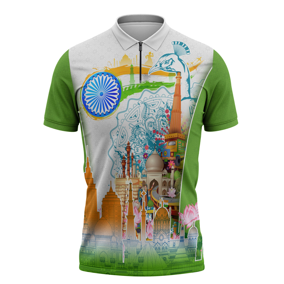 India Independence Day Zipper Polo Shirt Indian Landmark Peacock Mandala Cultural Heritage