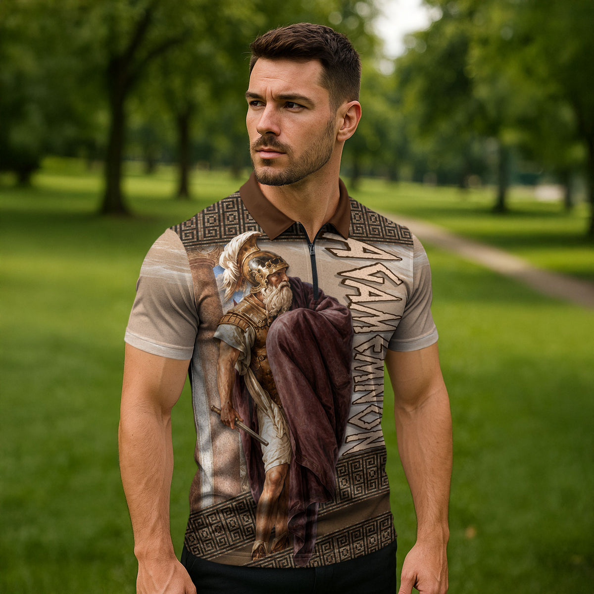 King Of Mycenae Agamemnon Zipper Polo Shirt Ancient Greek Mythology Classic Warrior Painting