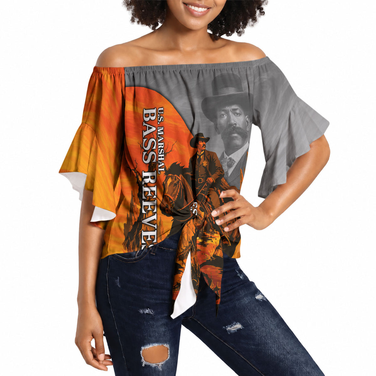 Bass Reeves Off Shoulder Wrap Waist Top Vintage Black Cowboy Old West Lawman