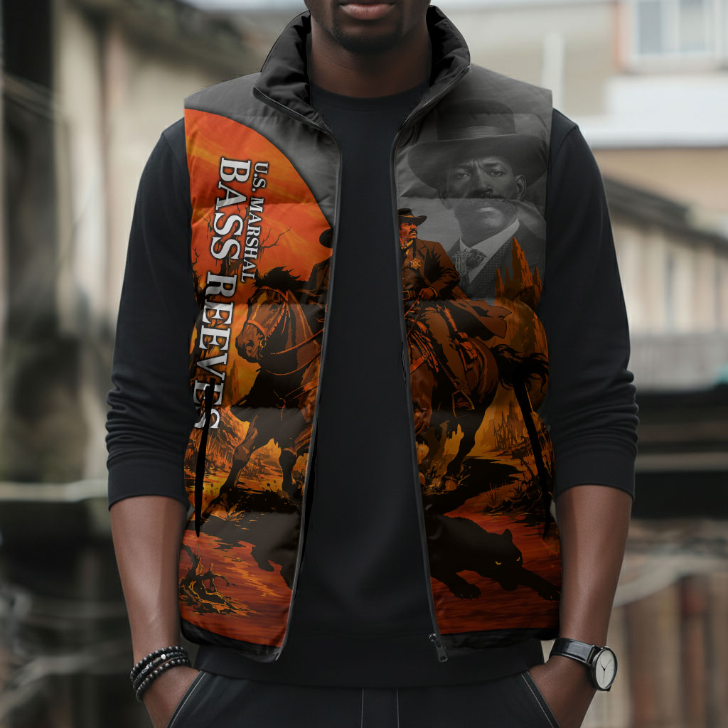 Bass Reeves Sleeveless Puffer Jacket Vintage Black Cowboy Old West Lawman
