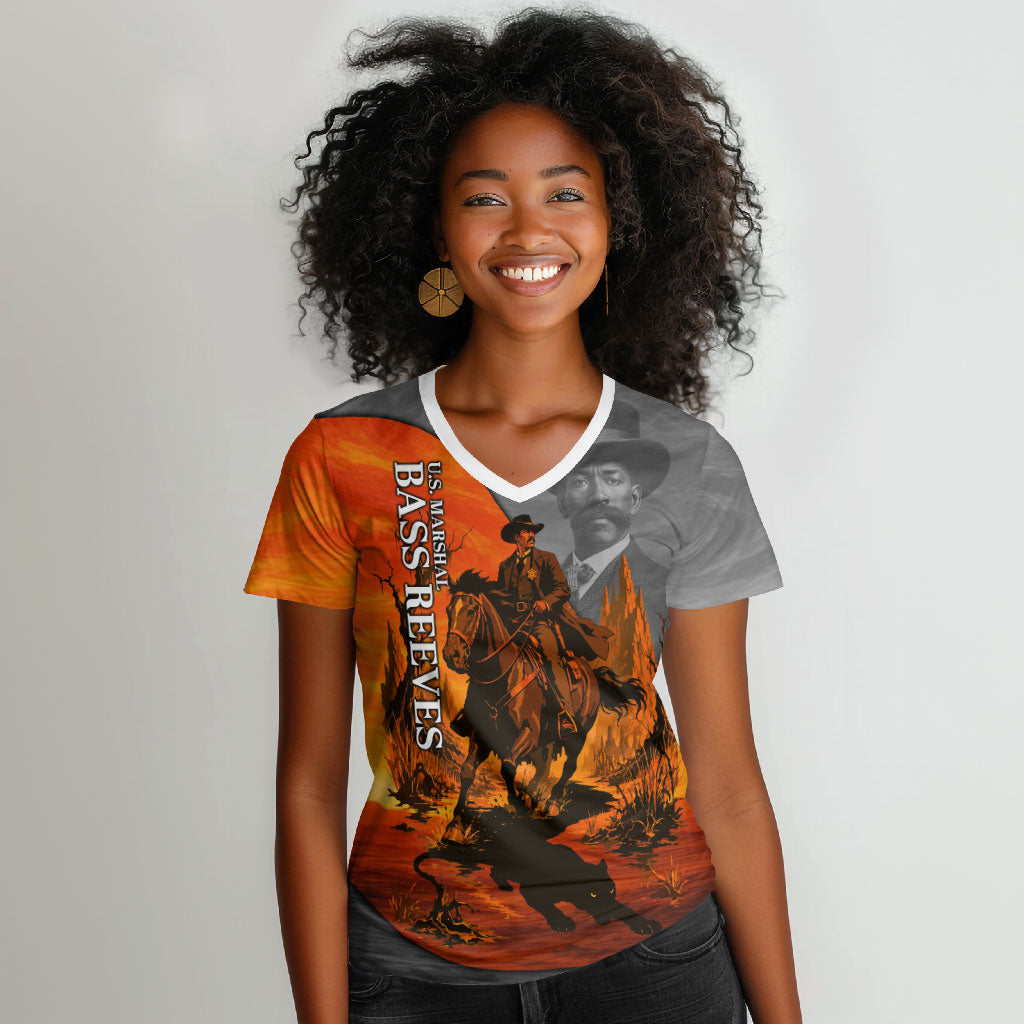 Bass Reeves Women V-Neck T-Shirt Vintage Black Cowboy Old West Lawman