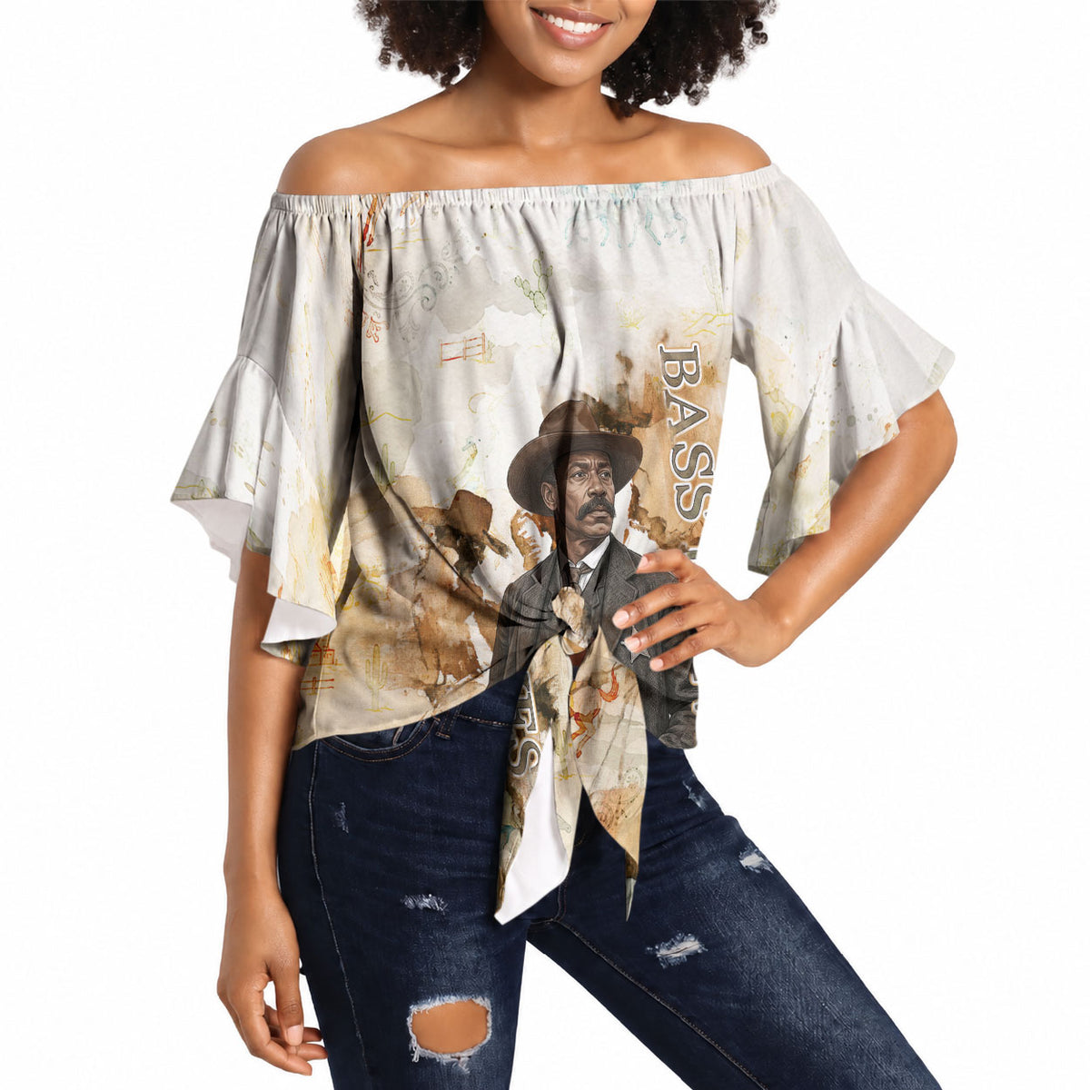 Bass Reeves Spirit Frontier Legend Off Shoulder Wrap Waist Top African American Marshal Horse Riding Western Watercolor
